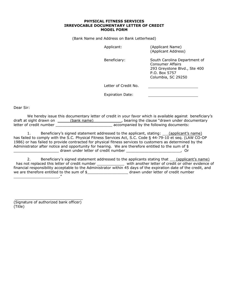 Physical Fitness Services Irrevocable Documentary Letter of Credit Model Form - South Carolina, Page 1