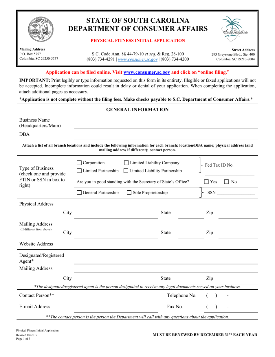 Physical Fitness Initial Application - South Carolina, Page 1