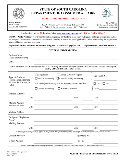 Physical Fitness Initial Application - South Carolina Download Pdf