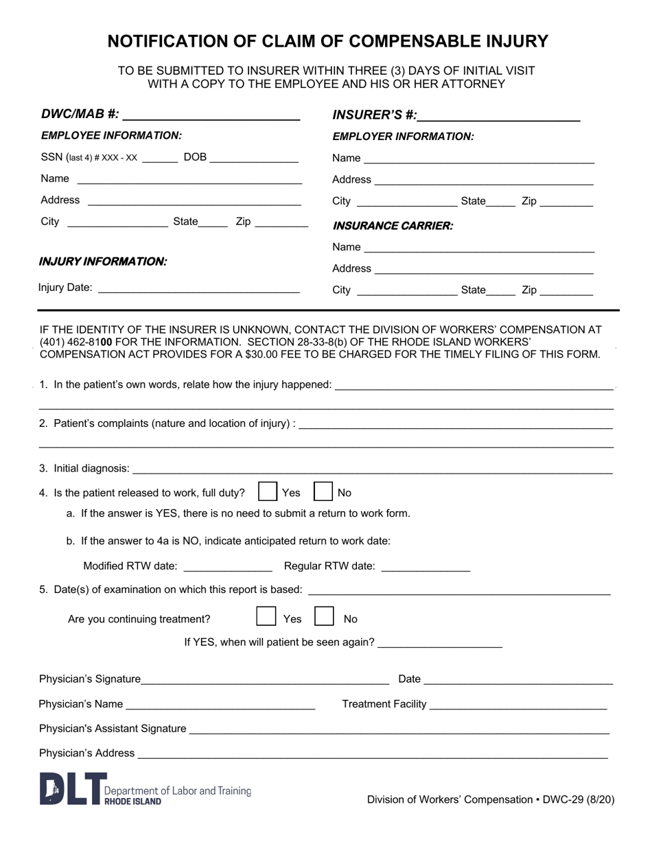 Form DWC-29 - Fill Out, Sign Online and Download Fillable PDF, Rhode ...