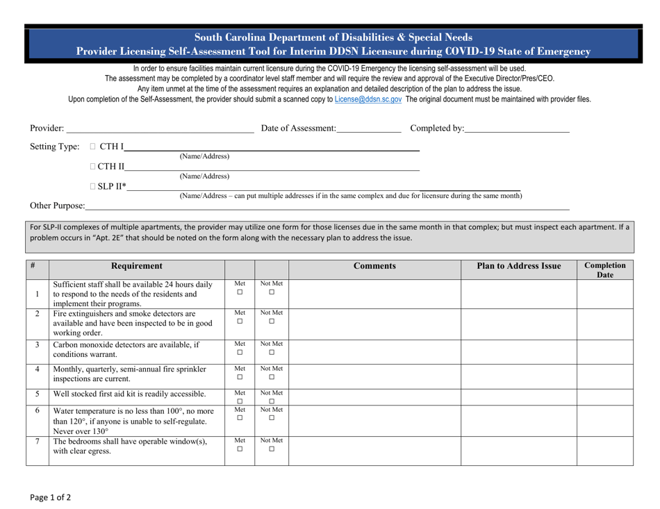 South Carolina Provider Licensing Self-assessment Tool for Interim Ddsn ...