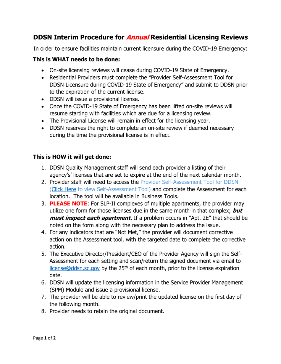 South Carolina Provider Licensing Selfassessment Tool for Interim Ddsn