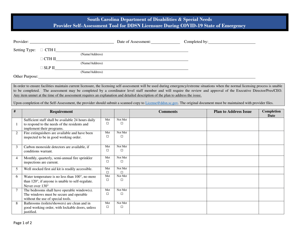 Provider Self-assessment Tool for Ddsn Licensure During Covid-19 State of Emergency - South Carolina, Page 1
