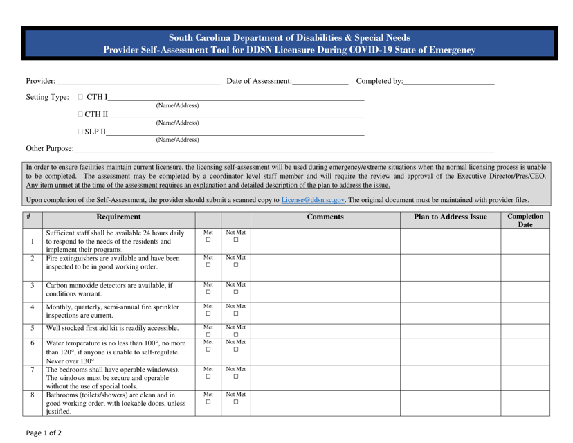 Provider Self-assessment Tool for Ddsn Licensure During Covid-19 State of Emergency - South Carolina
