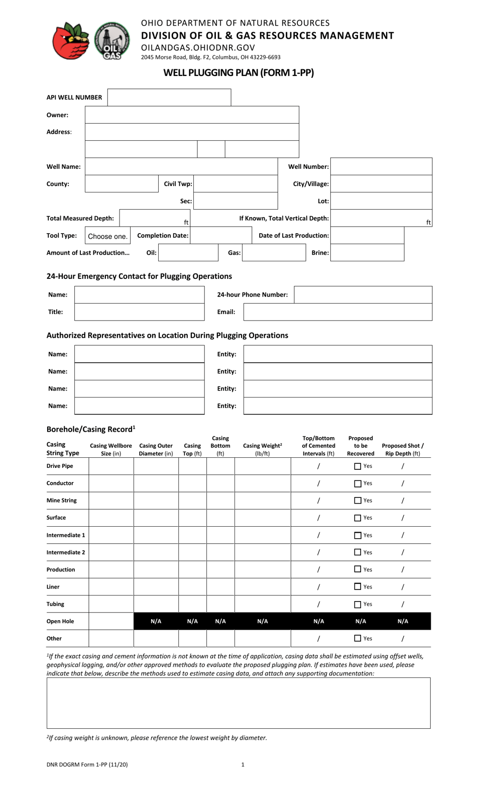 Form 1-PP Well Plugging Plan - Ohio, Page 1