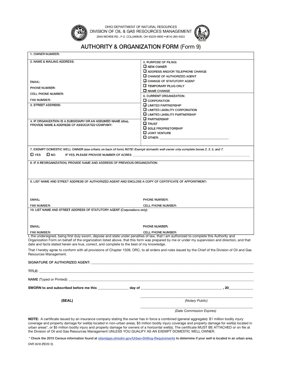 Form 9 (DNR5618) Authority  Organization Form - Ohio, Page 1