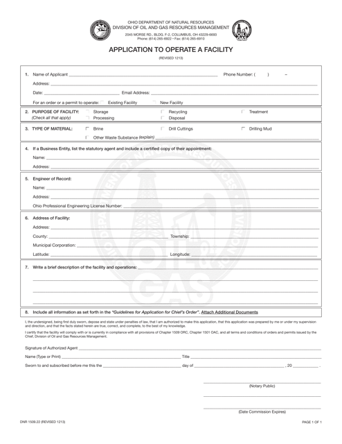 Form DNR1509.22 Application to Operate a Facility - Ohio