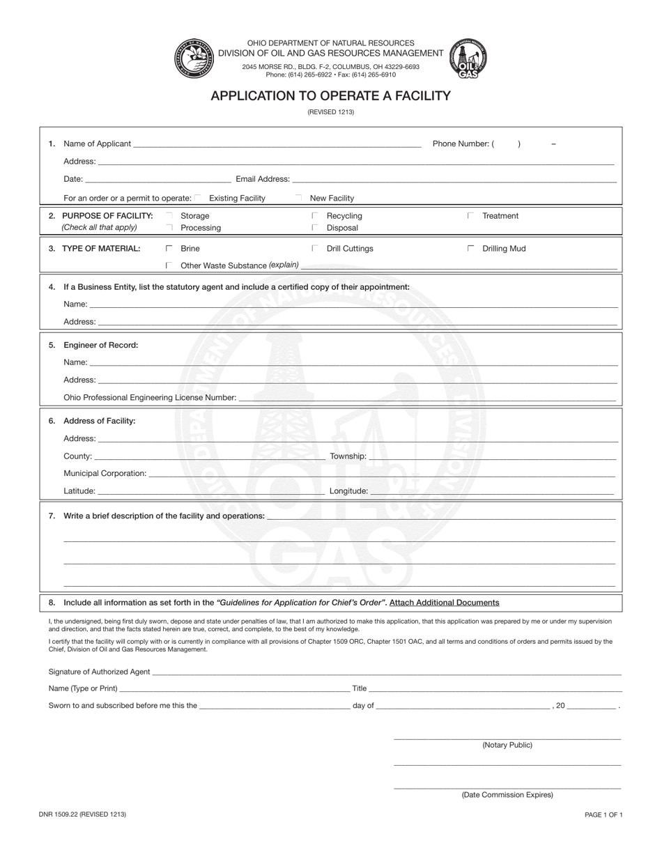 Form DNR1509.22 Application to Operate a Facility - Ohio, Page 1