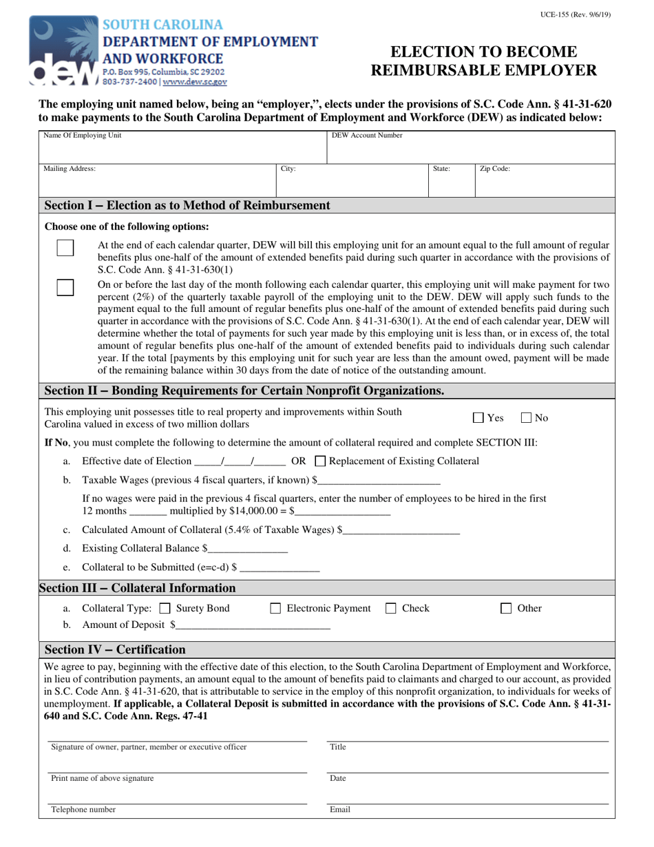 Form UCE-155 Election to Become Reimbursable Employer - South Carolina, Page 1