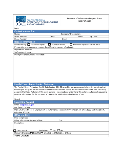 Freedom of Information Request Form - South Carolina Download Pdf
