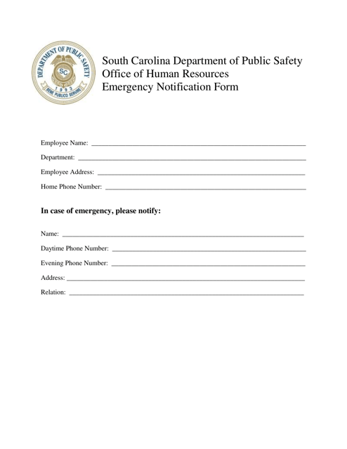 Emergency Notification Form - South Carolina Download Pdf