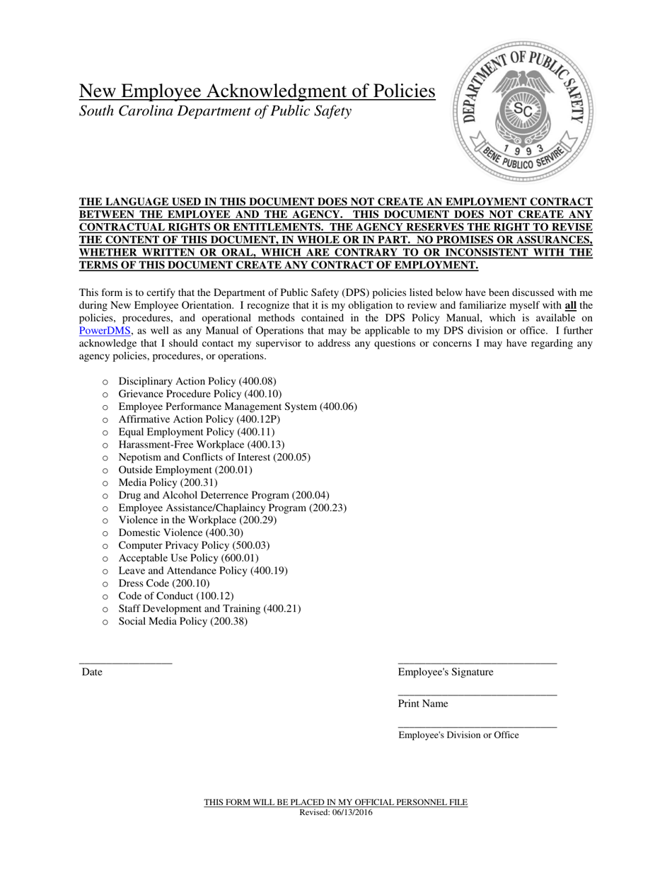 New Employee Acknowledgment of Policies - South Carolina, Page 1