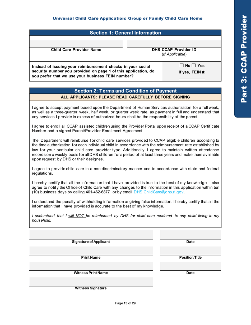 Universal Child Care Application: Group or Family Child Care Home - Rhode Island, Page 13