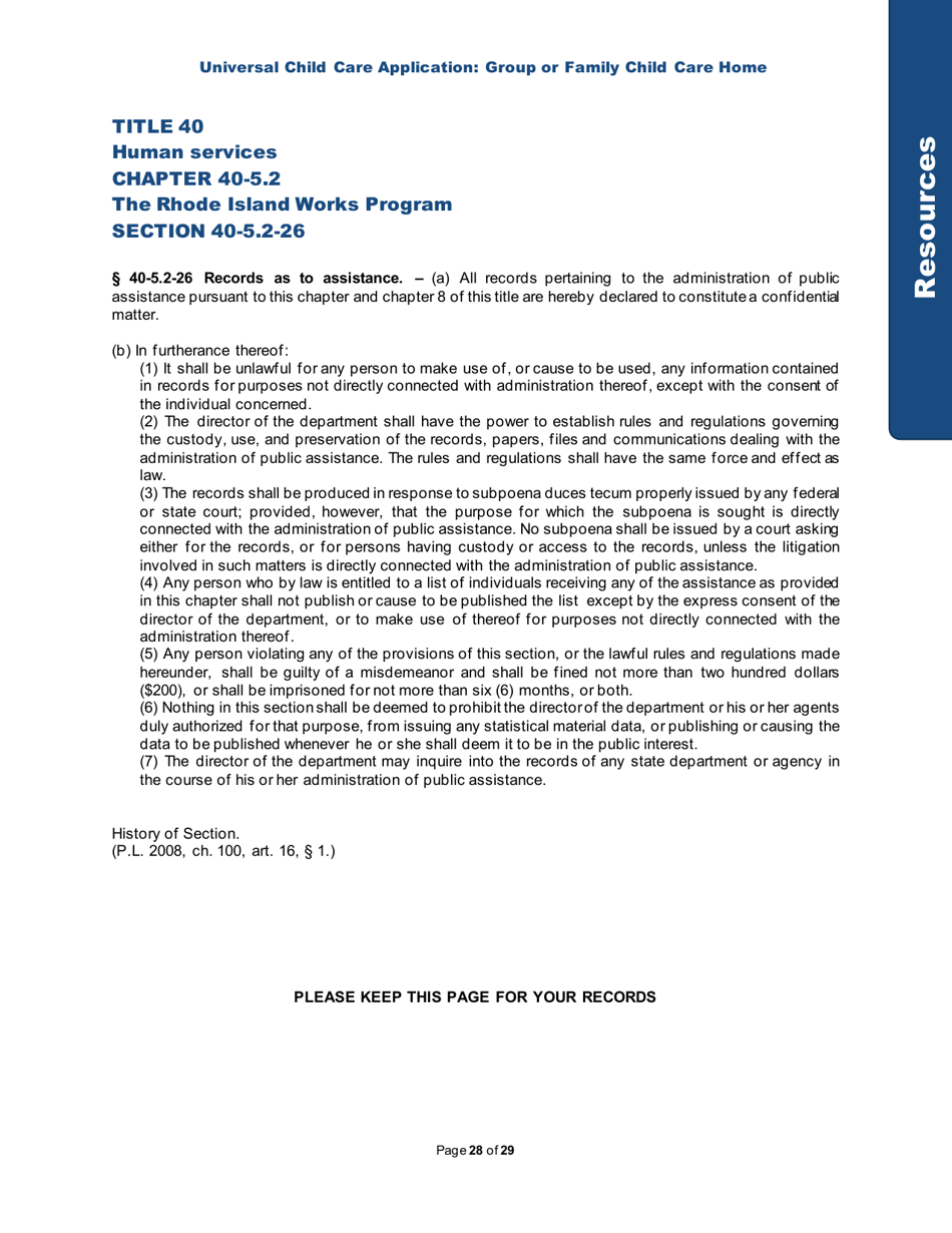 Universal Child Care Application: Group or Family Child Care Home - Rhode Island, Page 28