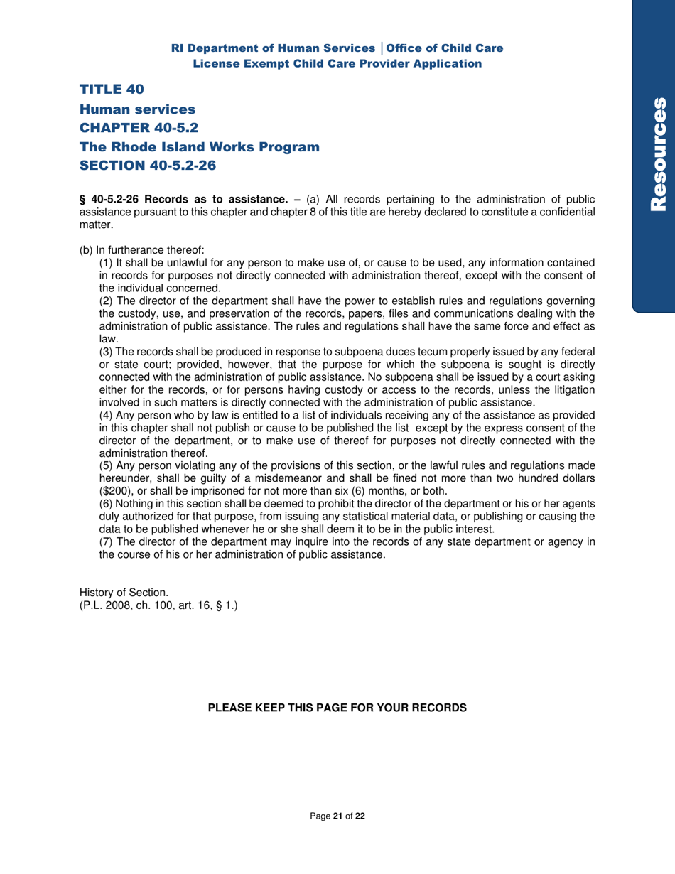 License Exempt Child Care Provider Application - Rhode Island, Page 21