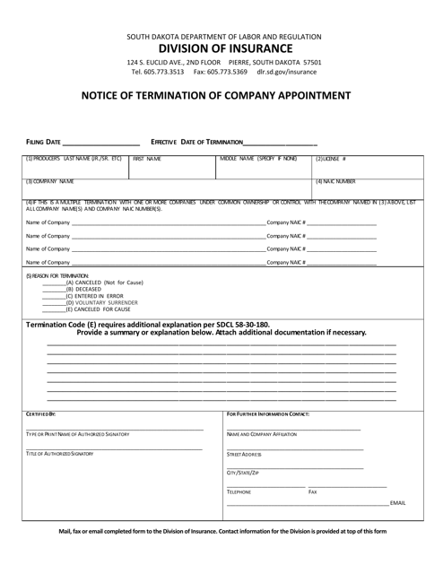 Notice of Termination of Company Appointment - South Dakota