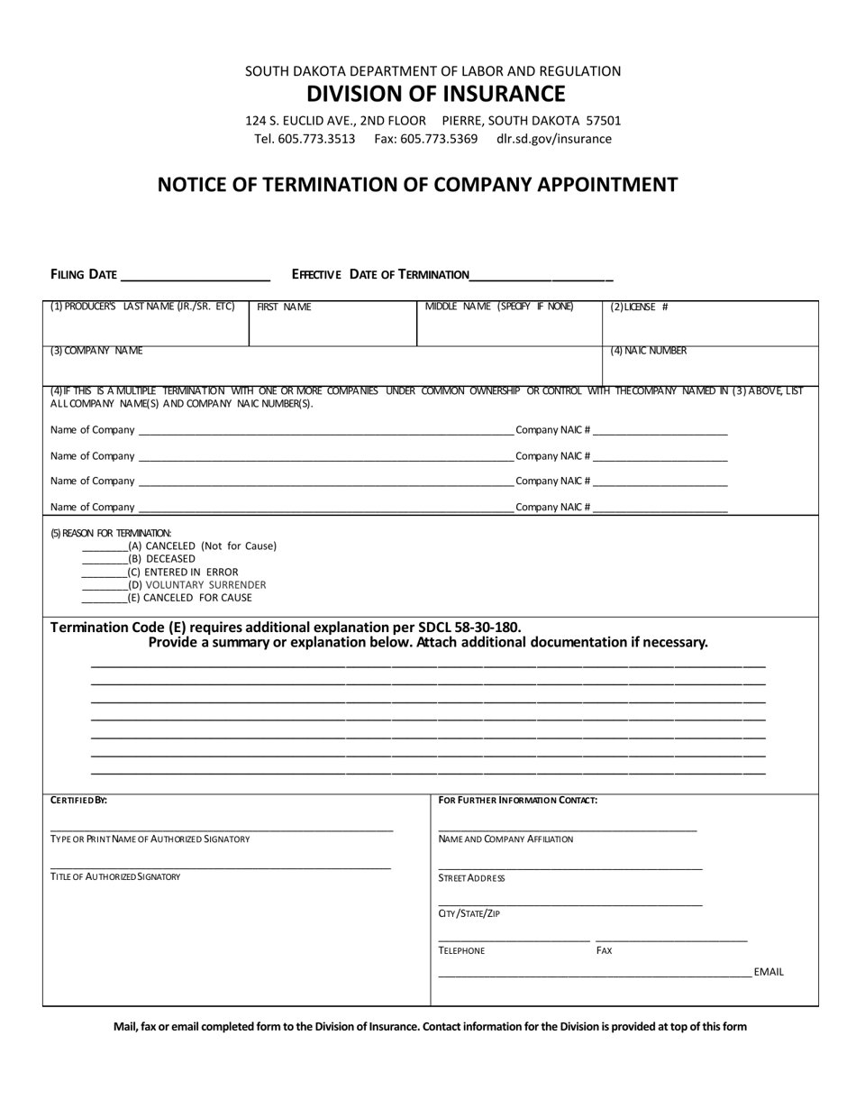Notice of Termination of Company Appointment - South Dakota, Page 1