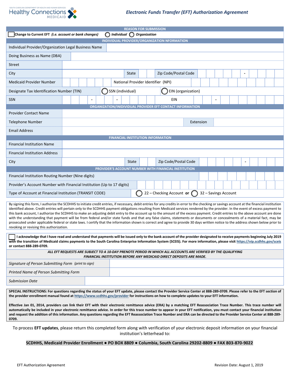 Electronic Funds Transfer (Eft) Authorization Agreement - South Carolina, Page 1