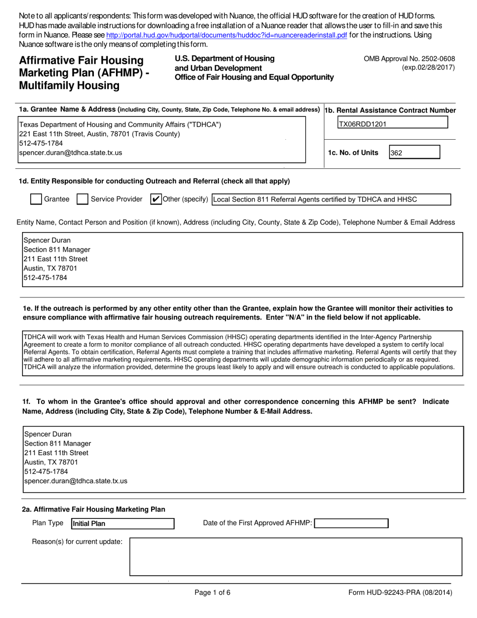 Form HUD-92243-PRA Affirmative Fair Housing Marketing Plan (Afhmp) - Multifamily Housing - Texas, Page 1