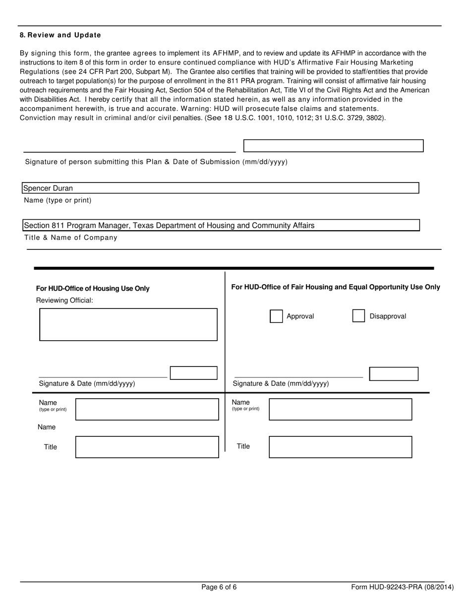 Form HUD-92243-PRA Affirmative Fair Housing Marketing Plan (Afhmp) - Multifamily Housing - Texas, Page 6