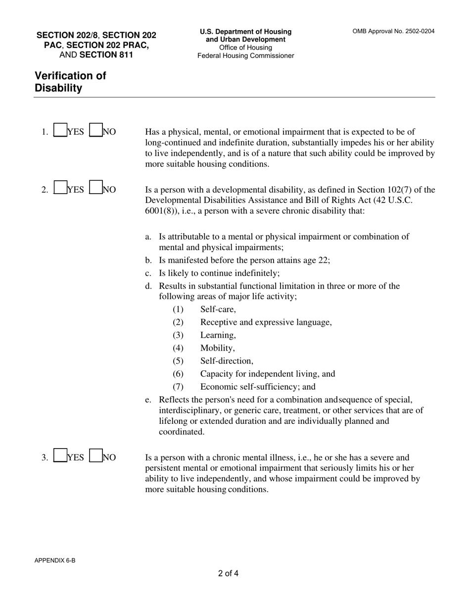 Form HUD-90102 Appendix 6-B Sample Verification of Disability - Section 202 / 8, Section 202 Pac, Section 202 Prac, and Section 811 Prac - Texas, Page 2