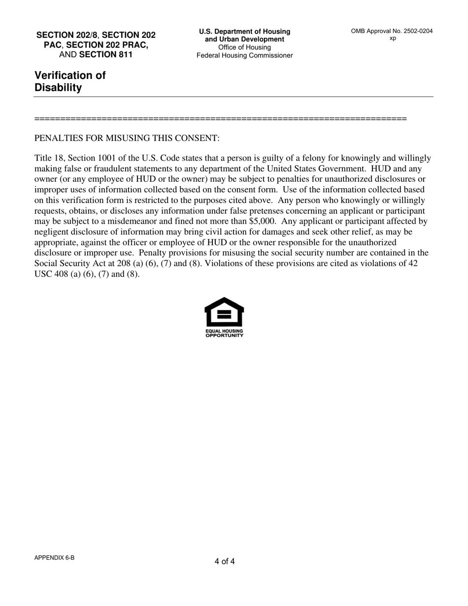 Form HUD-90102 Appendix 6-B Sample Verification of Disability - Section 202 / 8, Section 202 Pac, Section 202 Prac, and Section 811 Prac - Texas, Page 4
