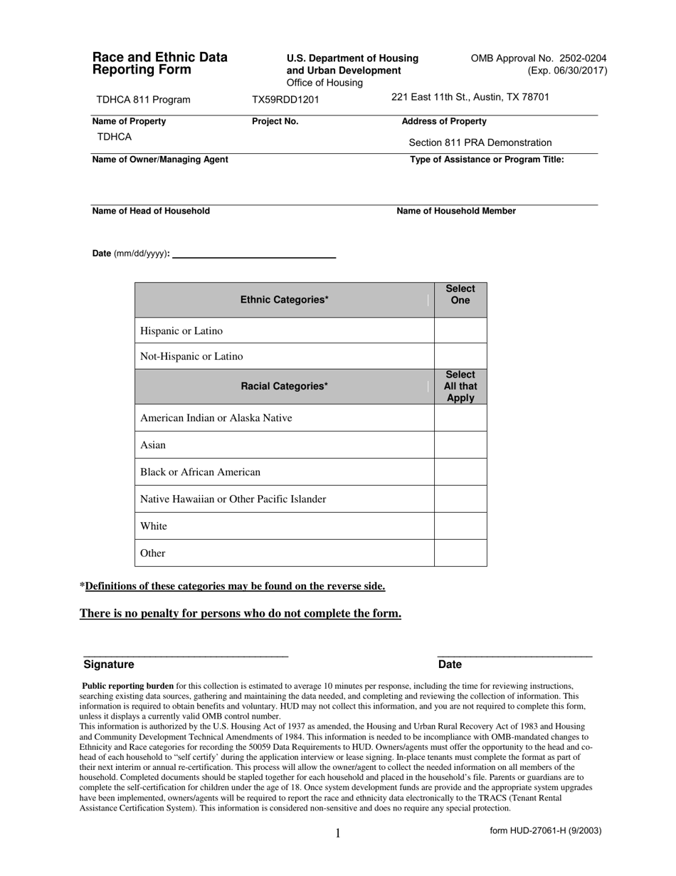 Form HUD-27061-H Race and Ethnic Data Reporting Form - Texas, Page 1