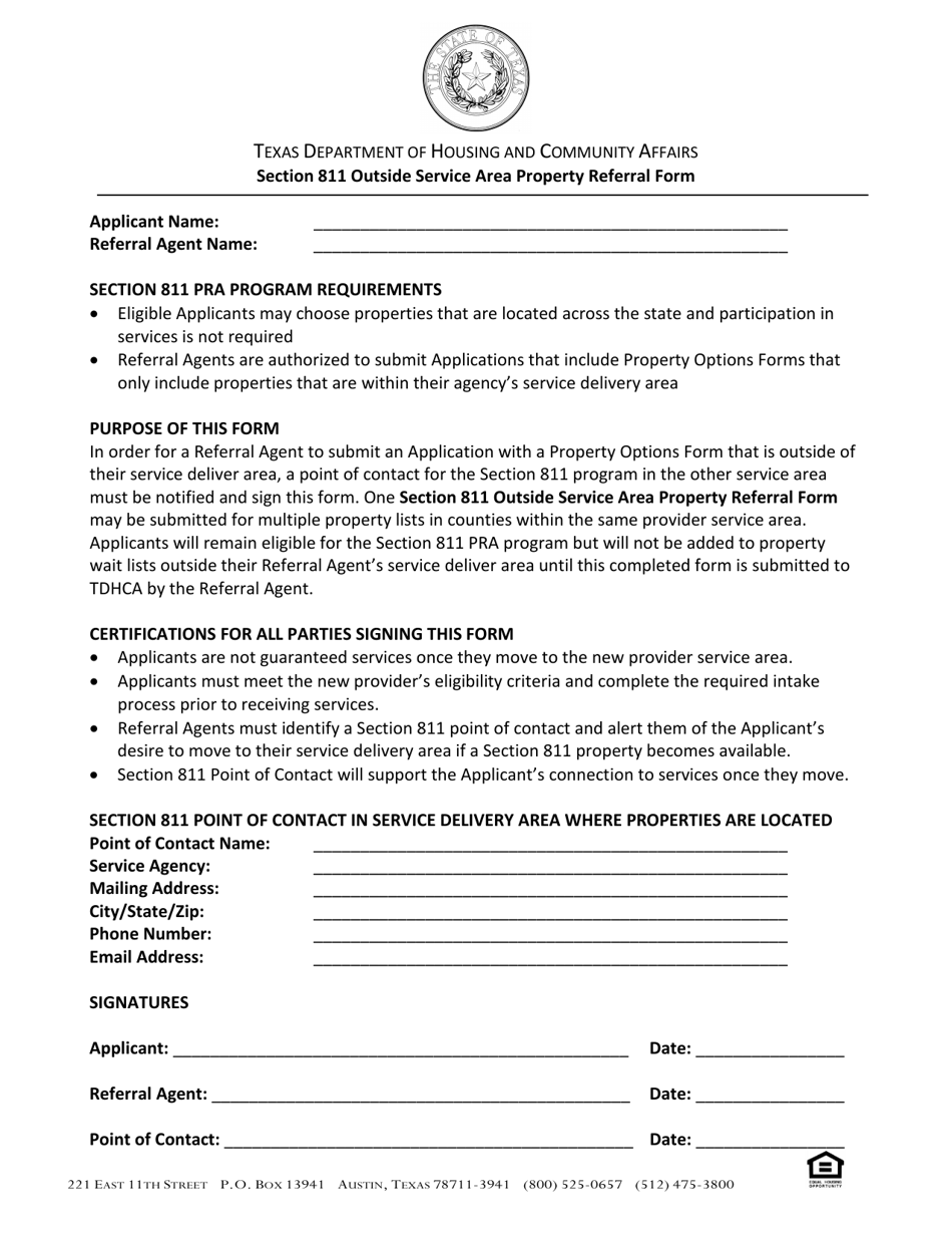 Section 811 Outside Service Area Property Referral Form - Texas, Page 1