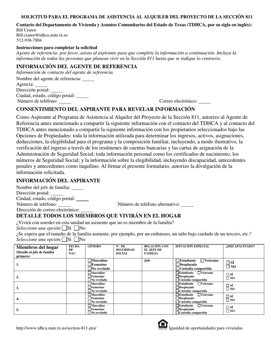 Solicitud Para El Programa De Asistencia Al Alquiler Del Proyecto De La Seccion 811 - Texas (Spanish), Page 1