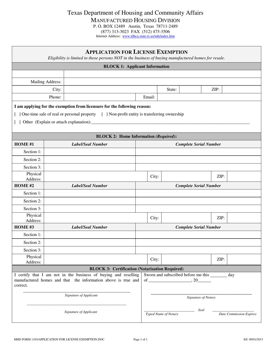 MHD Form 1103 Application for License Exemption - Texas, Page 1