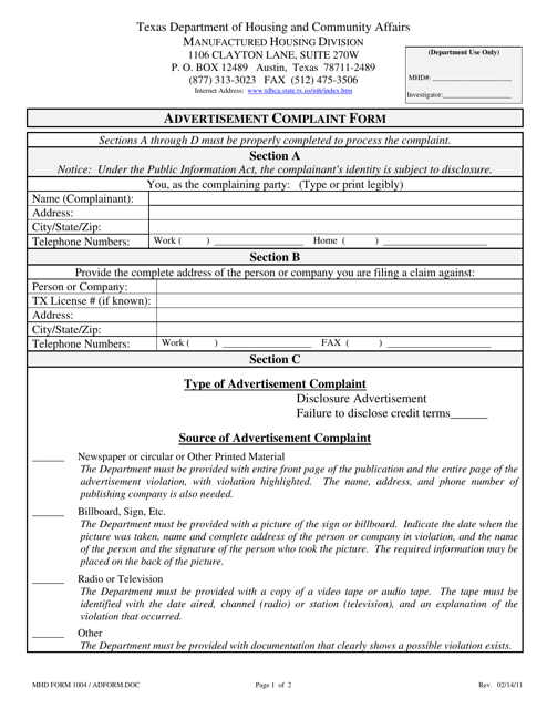 MHD Form 1004  Printable Pdf