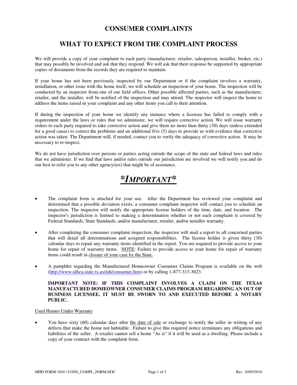 MHD Form 1010 Consumer Complaint Form - Texas, Page 1