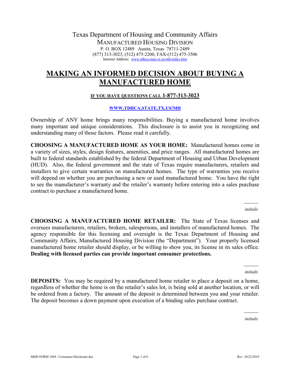 MHD Form 1038 Consumer Disclosure Statement - Texas, Page 1