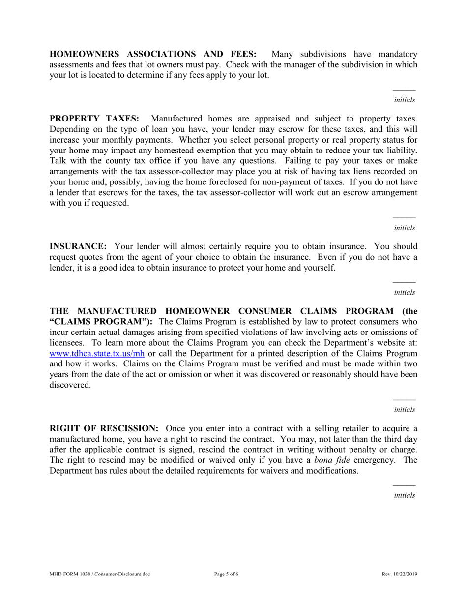 MHD Form 1038 Consumer Disclosure Statement - Texas, Page 5