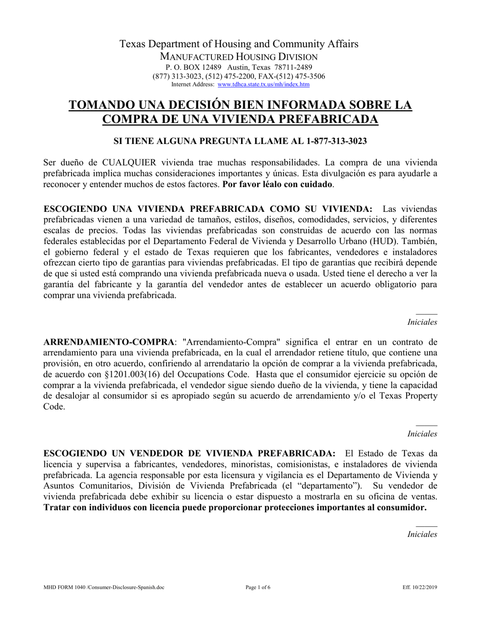 MHD Formulario 1040 Declaracion De Divulgaciones Para El Consumidor - Texas (Spanish), Page 1