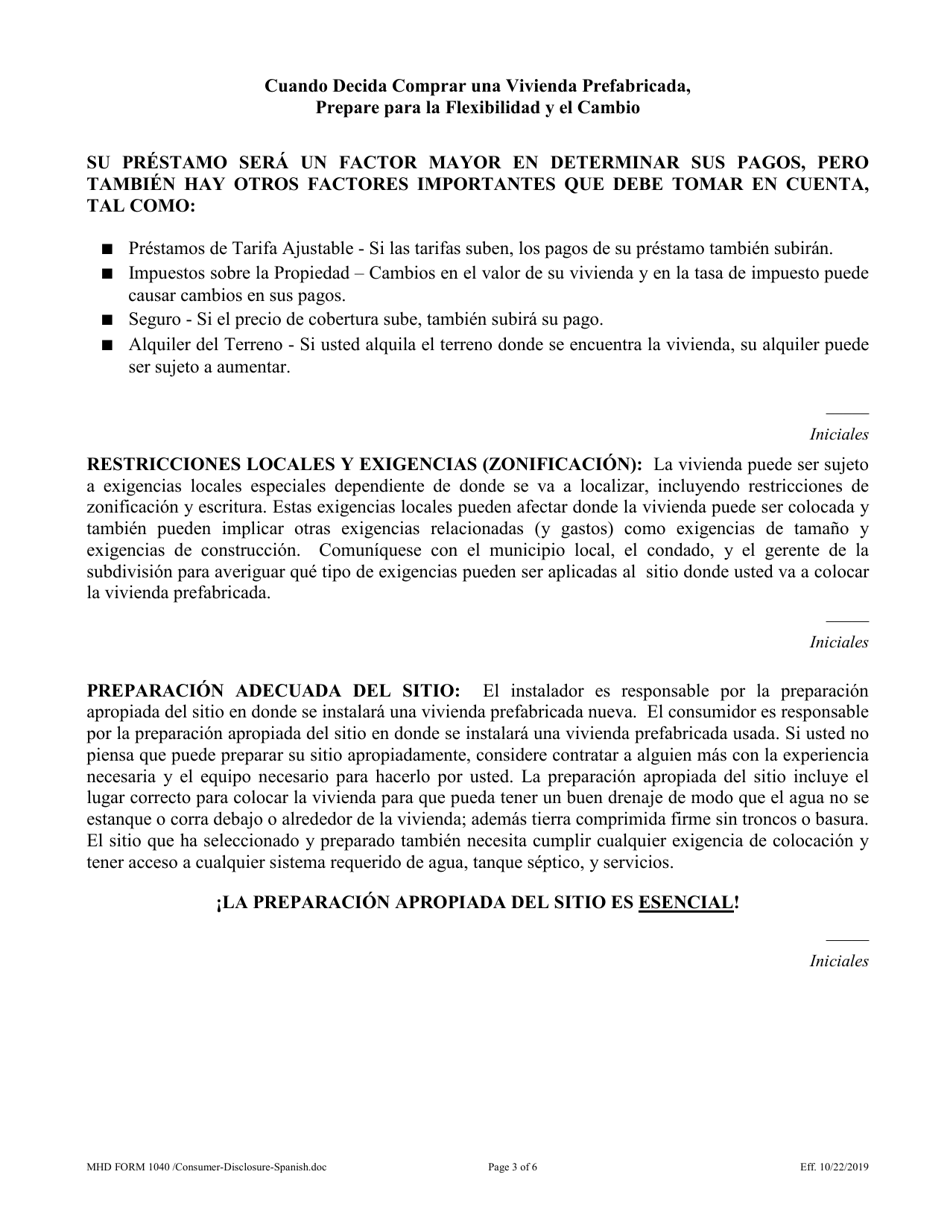 MHD Formulario 1040 Declaracion De Divulgaciones Para El Consumidor - Texas (Spanish), Page 3