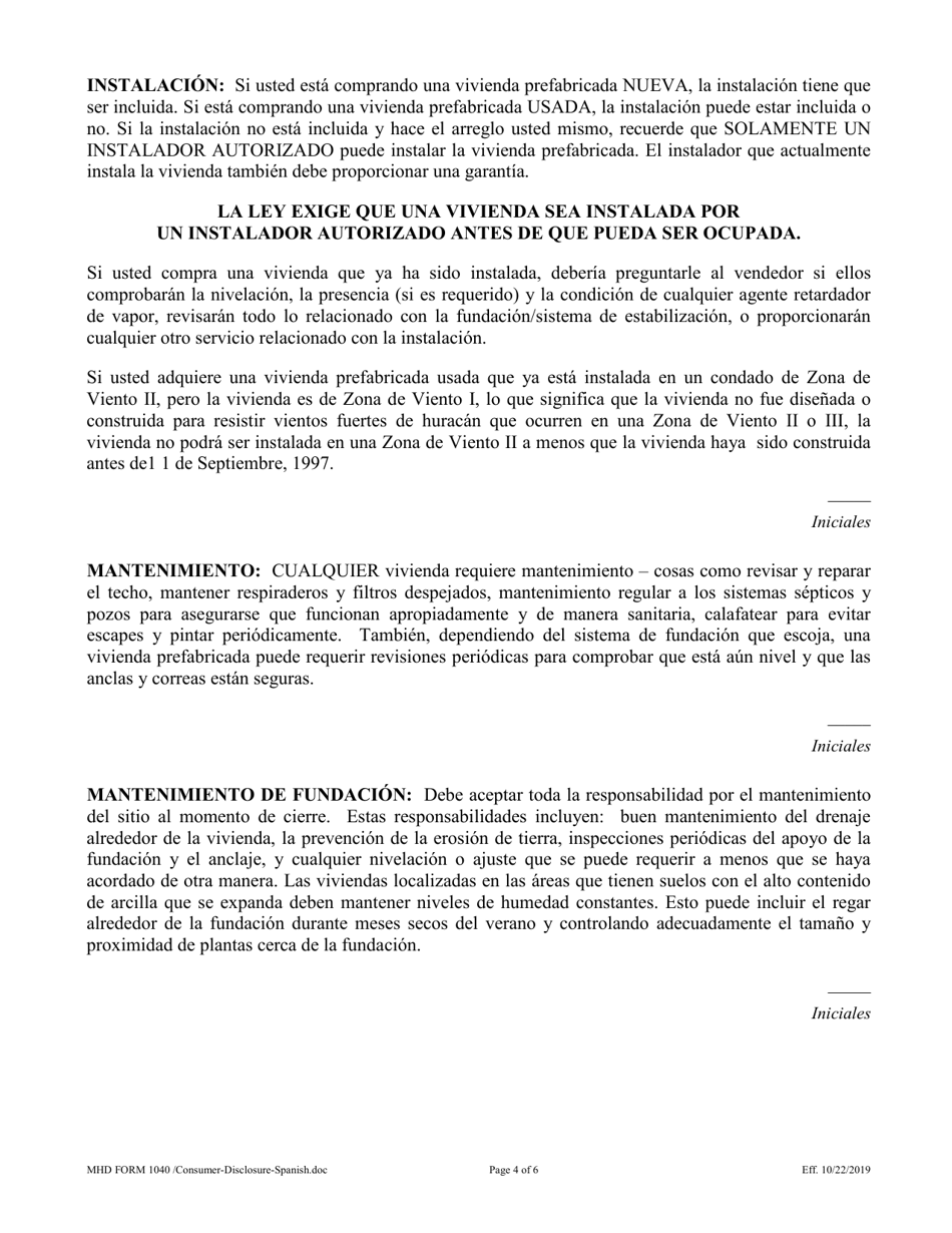 MHD Formulario 1040 Declaracion De Divulgaciones Para El Consumidor - Texas (Spanish), Page 4