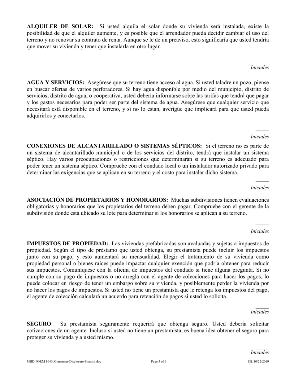MHD Formulario 1040 Declaracion De Divulgaciones Para El Consumidor - Texas (Spanish), Page 5