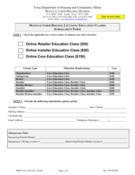 MHD Form 1012 Manufactured Housing Licensing Education Classes Enrollment Form - Texas
