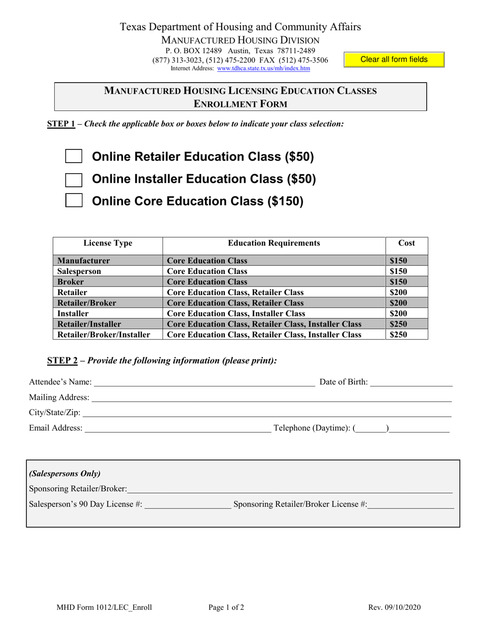 MHD Form 1012 Manufactured Housing Licensing Education Classes Enrollment Form - Texas, Page 1
