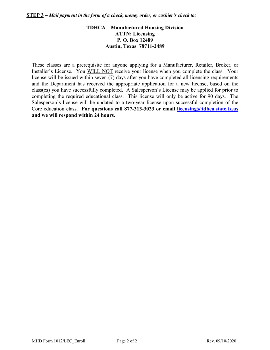 MHD Form 1012 Manufactured Housing Licensing Education Classes Enrollment Form - Texas, Page 2
