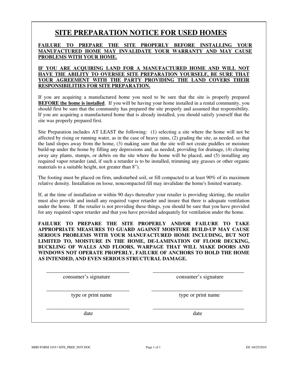 MHD Form 1019 Site Preparation Notice for Used Homes - Texas, Page 1