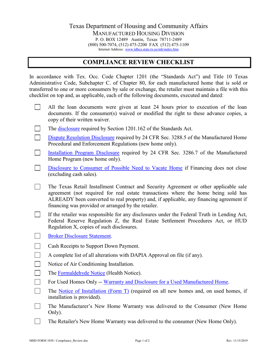 MHD Form 1058 Compliance Review Checklist - Texas, Page 1