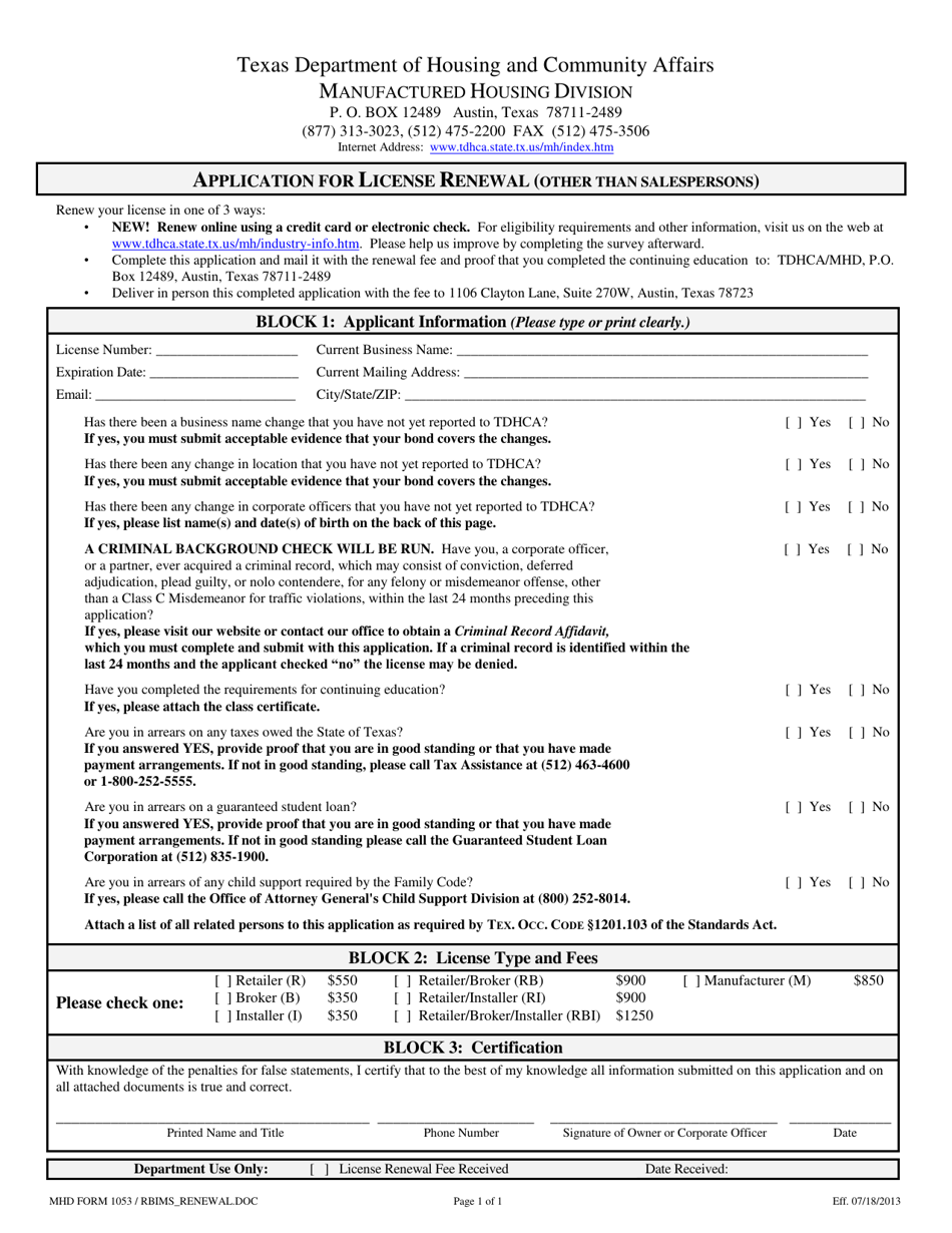 MHD Form 1053 Application for License Renewal (Other Than Salespersons) - Texas, Page 1