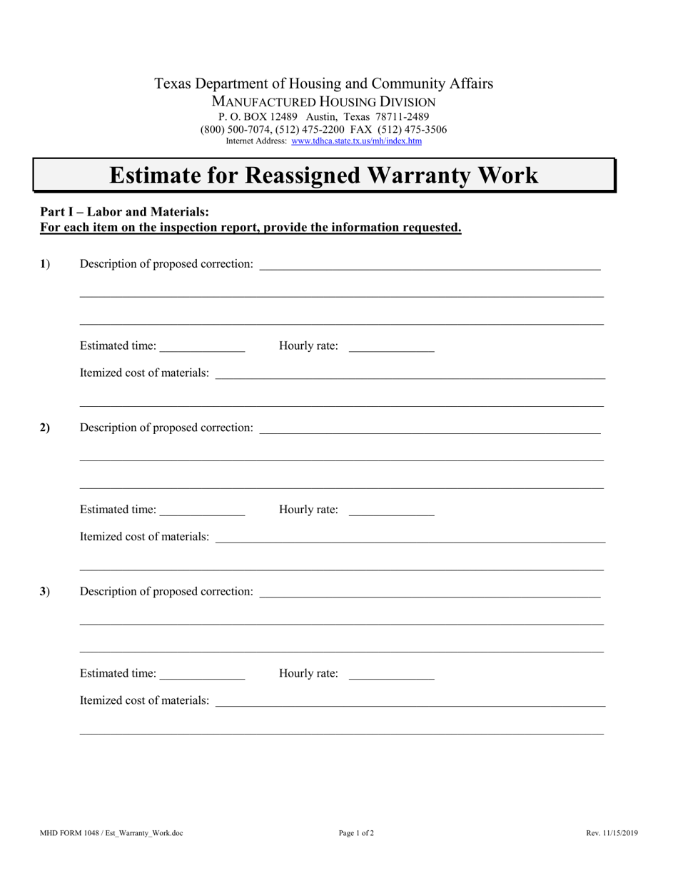 MHD Form 1048 Estimate for Reassigned Warranty Work - Texas, Page 1