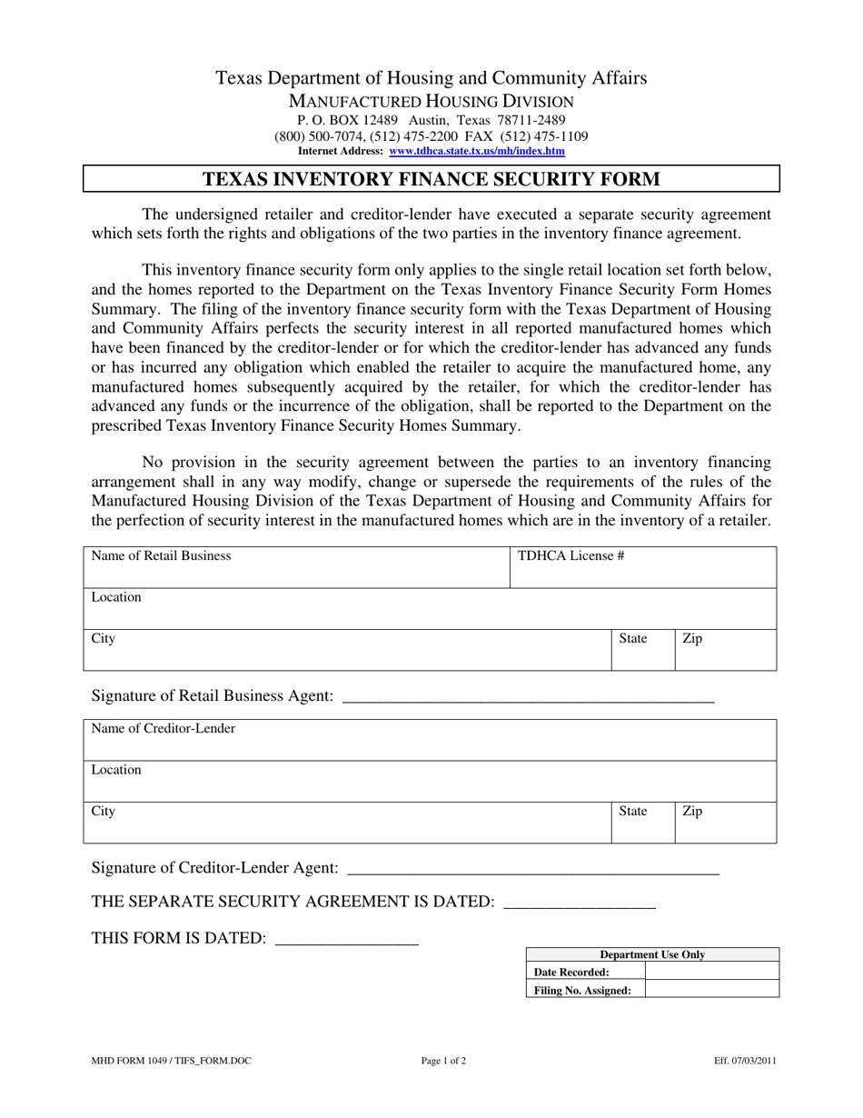MHD Form 1049 Texas Inventory Finance Security Form - Texas, Page 1