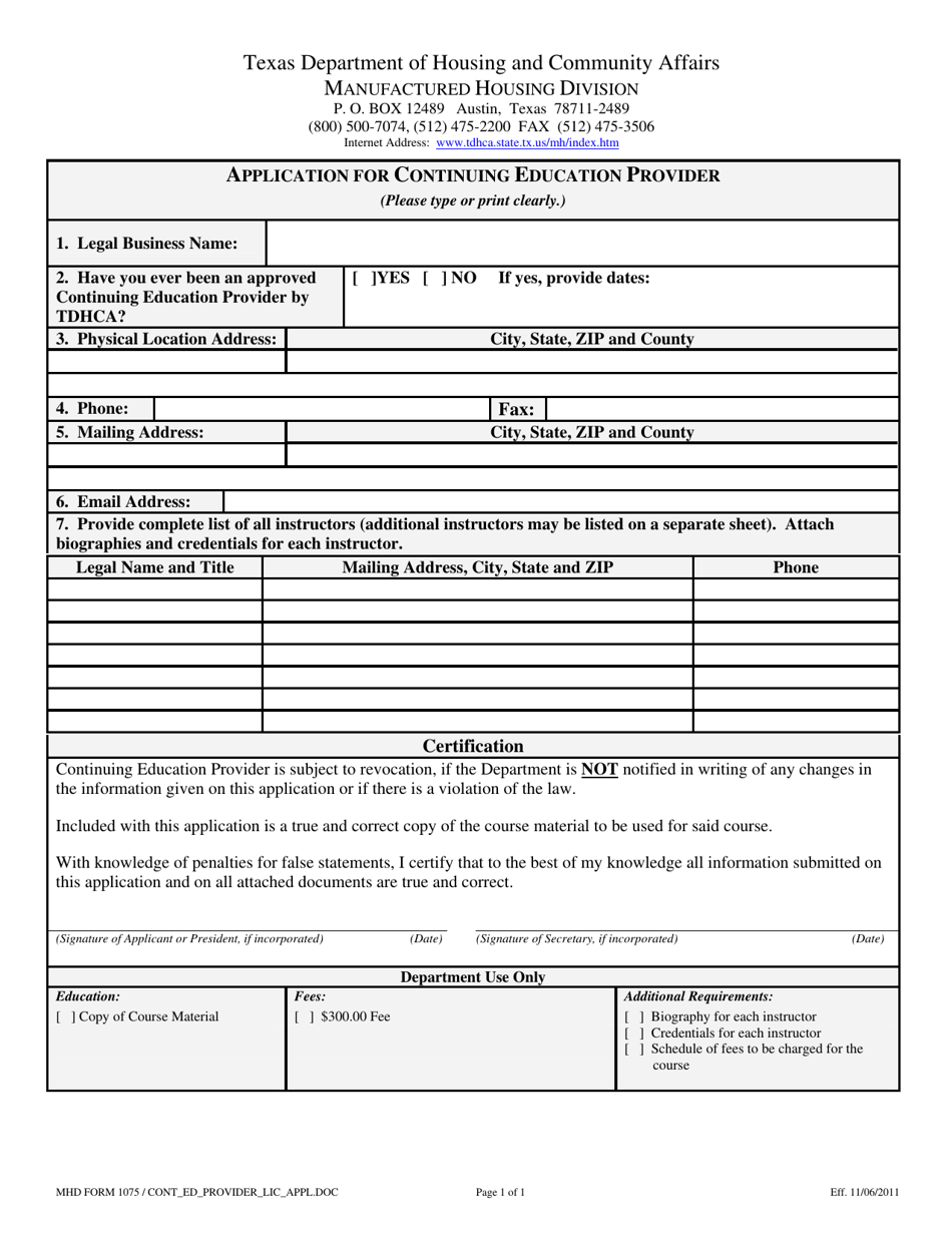 MHD Form 1075 Application for Continuing Education Provider - Texas, Page 1