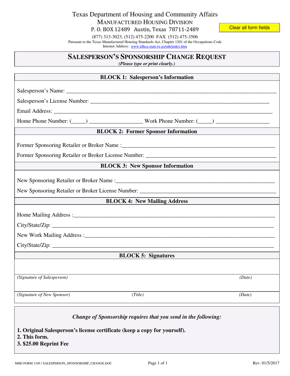 MHD Form 1109 Salespersons Sponsorship Change Request - Texas, Page 1