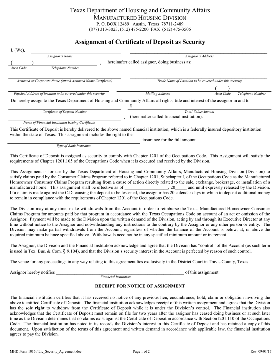 MHD Form 1016 Assignment of Certificate of Deposit as Security - Texas, Page 1