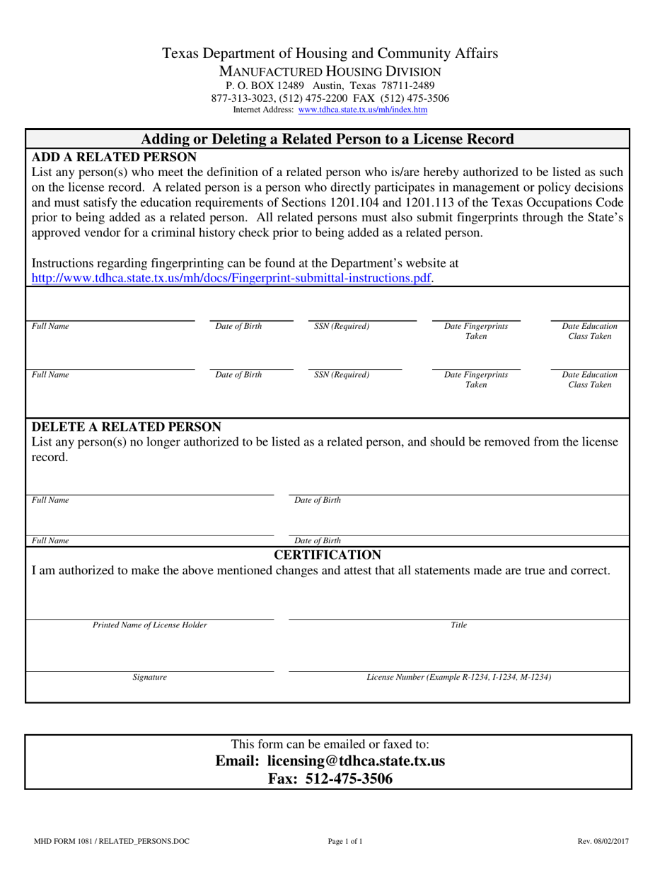 MHD Form 1081 Adding or Deleting a Related Person to a License Record - Texas, Page 1